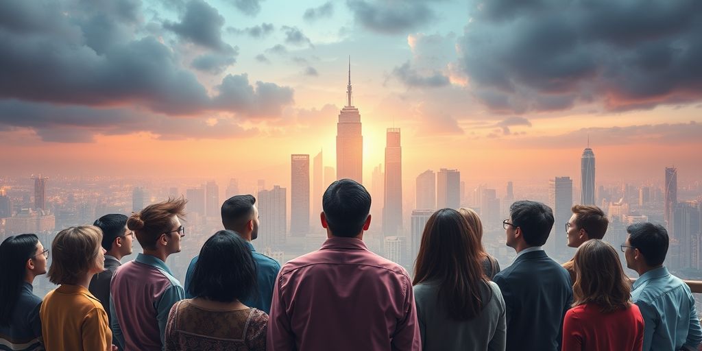 Futuristic cityscape. People debating with a futuristic cityscape behind them.