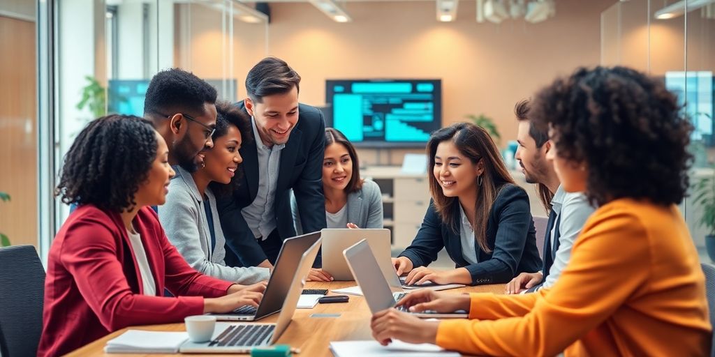Diverse professionals. Diverse professionals collaborating on cybersecurity in an office.