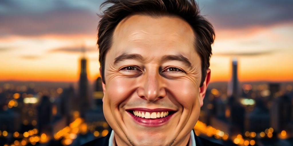 Elon Musk smiling with a city skyline in background.