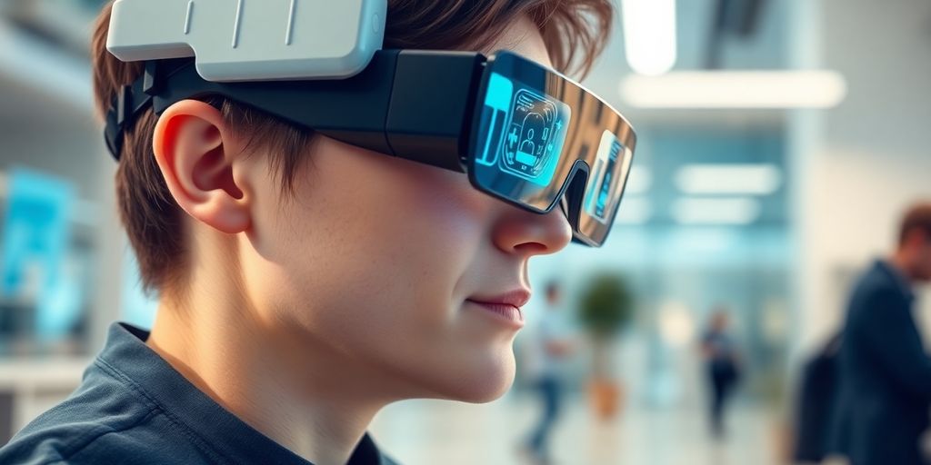 Person wearing AR glasses in a modern setting.
