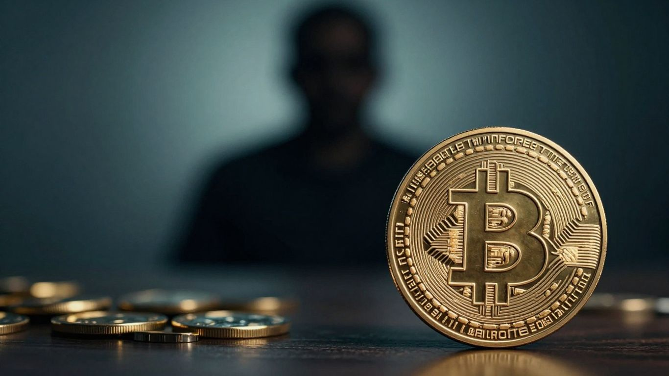 Bitcoin coin with a shadowy figure in the background.
