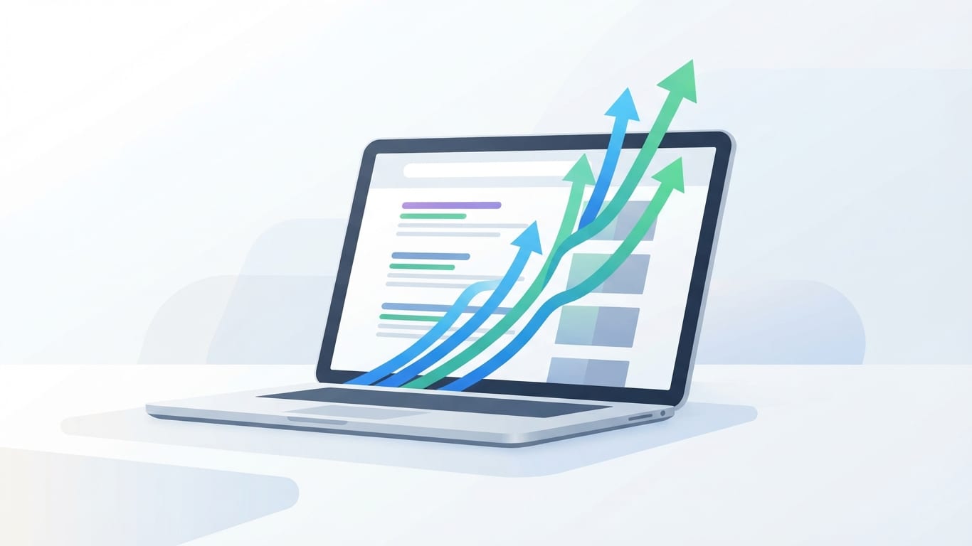 Laptop displaying search engine results and organic growth arrows