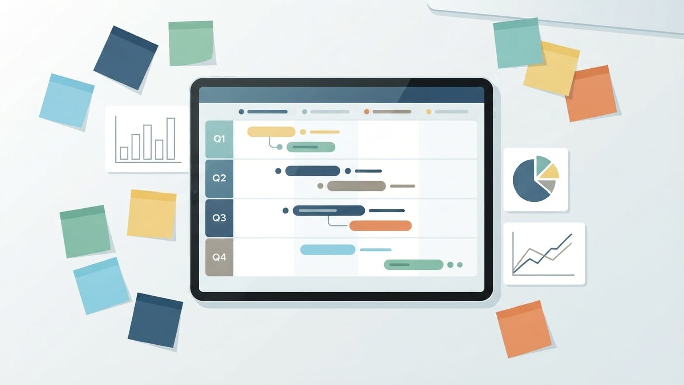 Illustration of a product roadmap with sticky notes and analytics charts