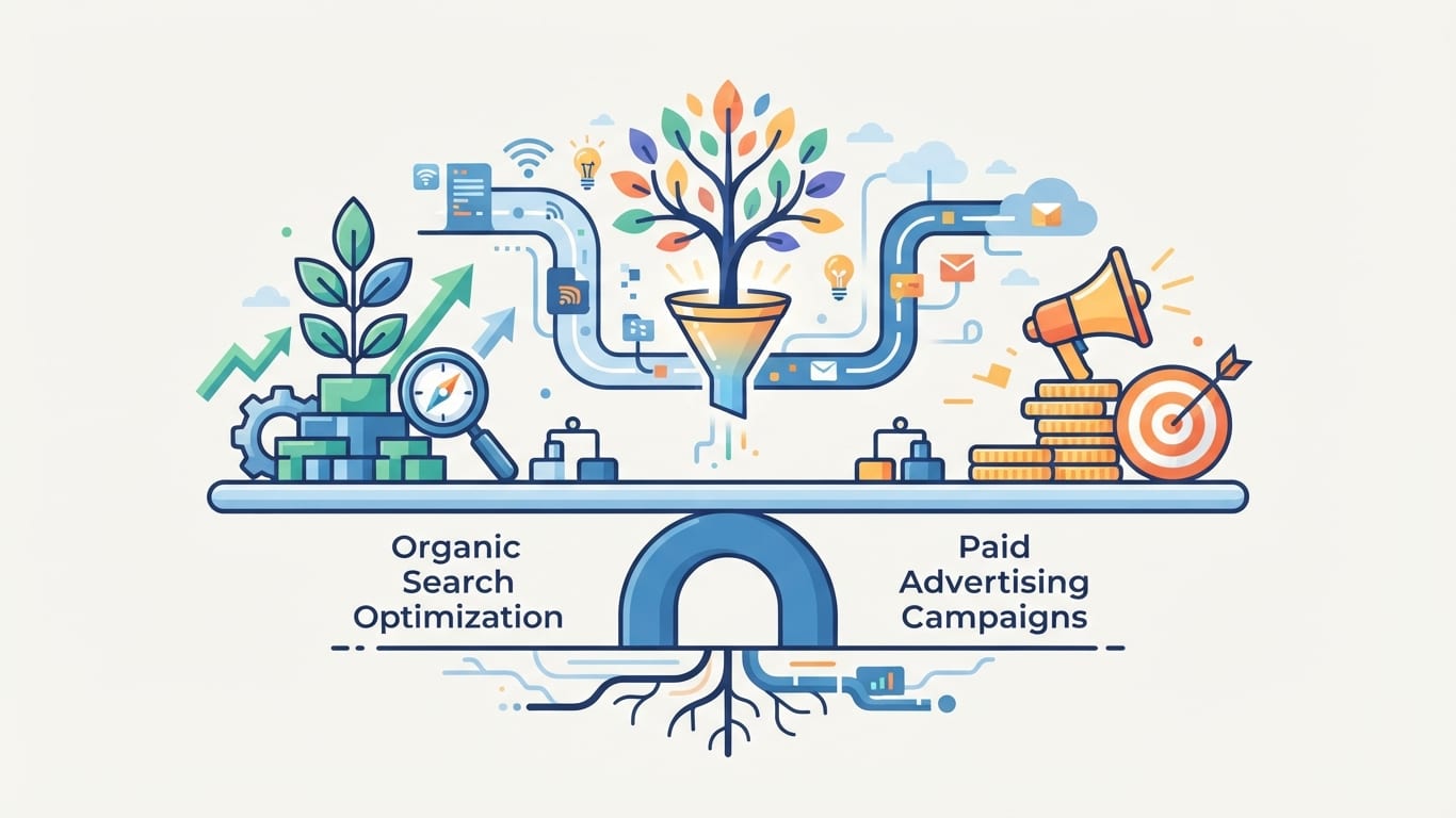 Vector illustration balancing SEO and paid search marketing