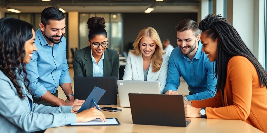 Diverse professionals collaborating in a modern office setting.