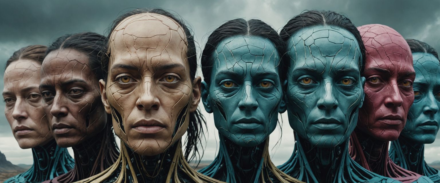 AI-generated image with distorted faces and eerie colors.