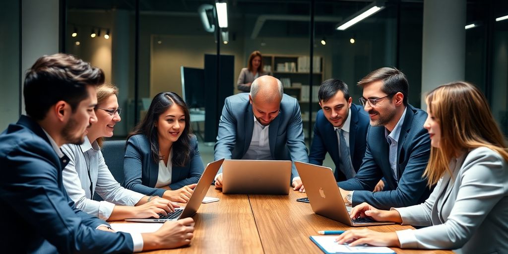 Business team collaborating on AI technology in a meeting.