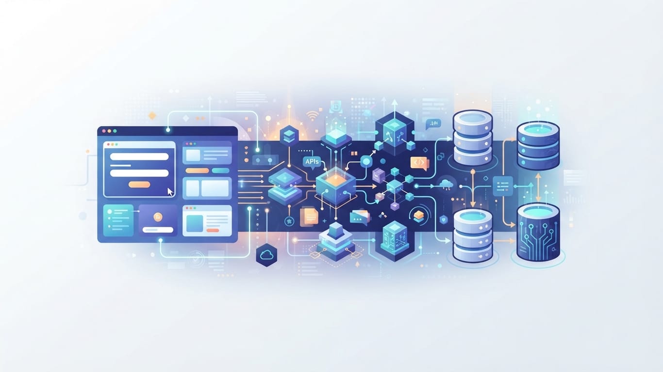 Digital nodes and web components representing full-stack development