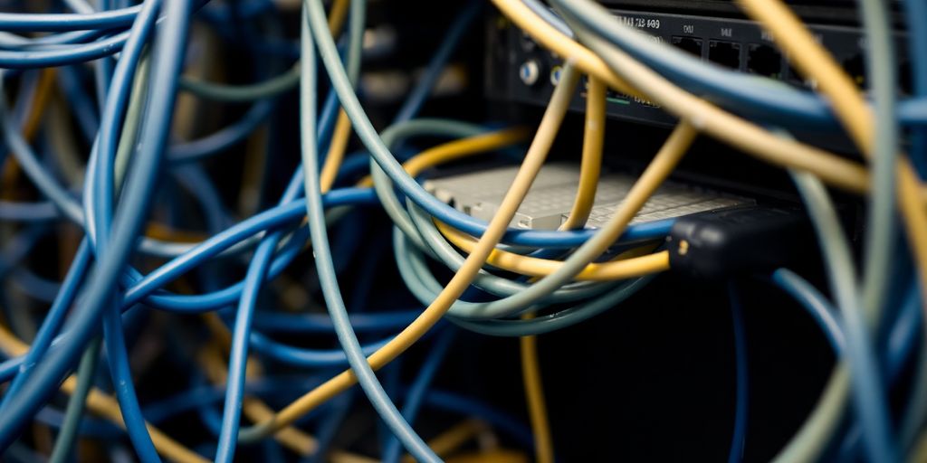 Tangled network cables. Tangled network cables and routers illustrating connectivity issues.
