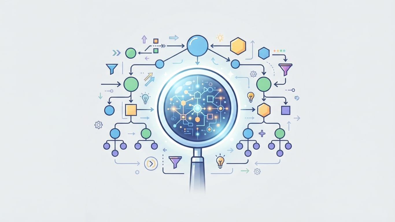 Magnifying glass scanning a website digital infrastructure blueprint