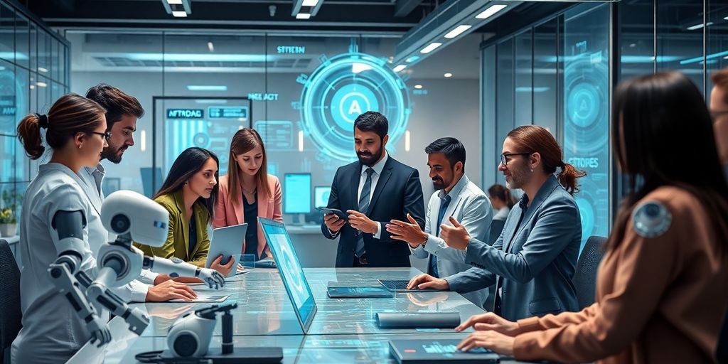 Team with AI technology. Diverse team collaborating with AI technology in a modern office.