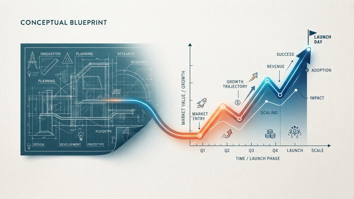 Minimalist concept art of a product transitioning to market
