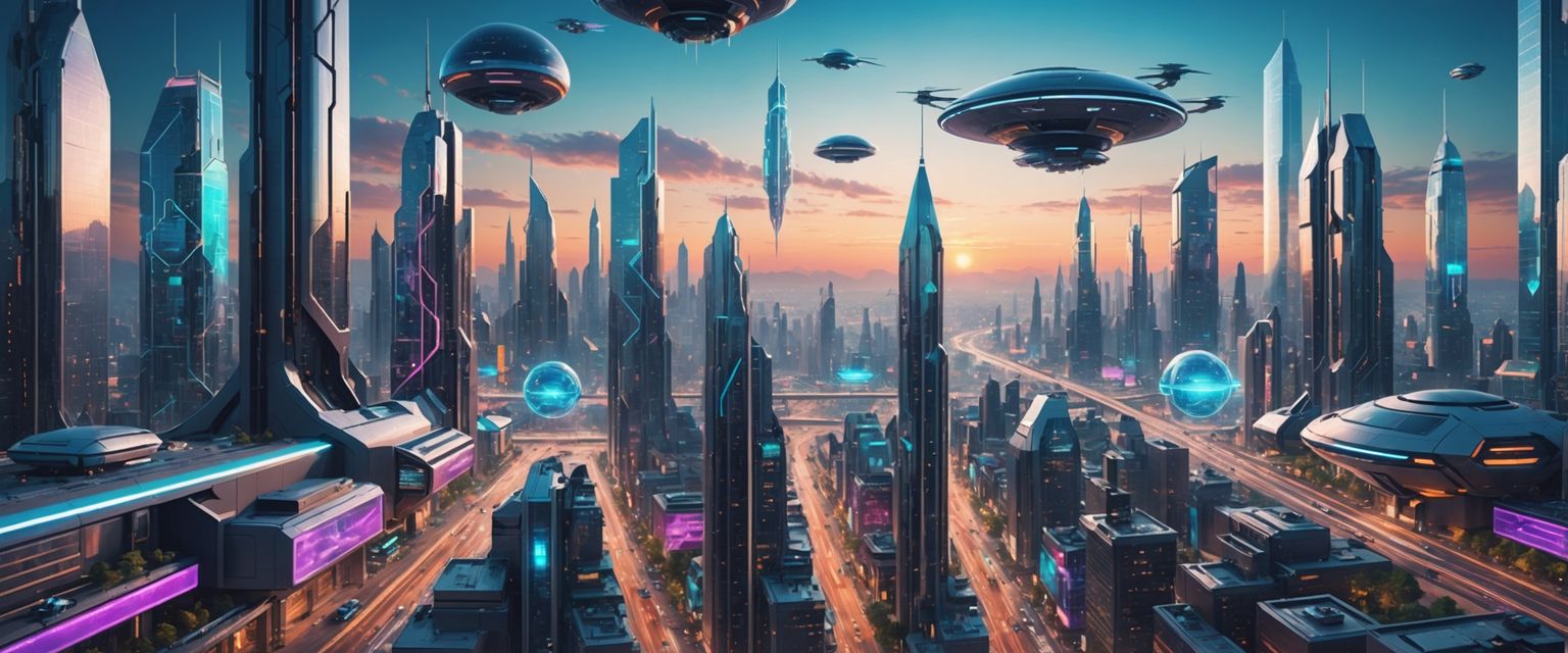 Futuristic city with AI elements and flying cars