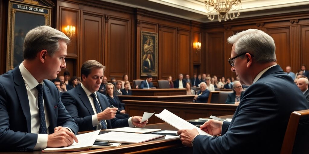 Courtroom scene with lawyers and a judge in action.