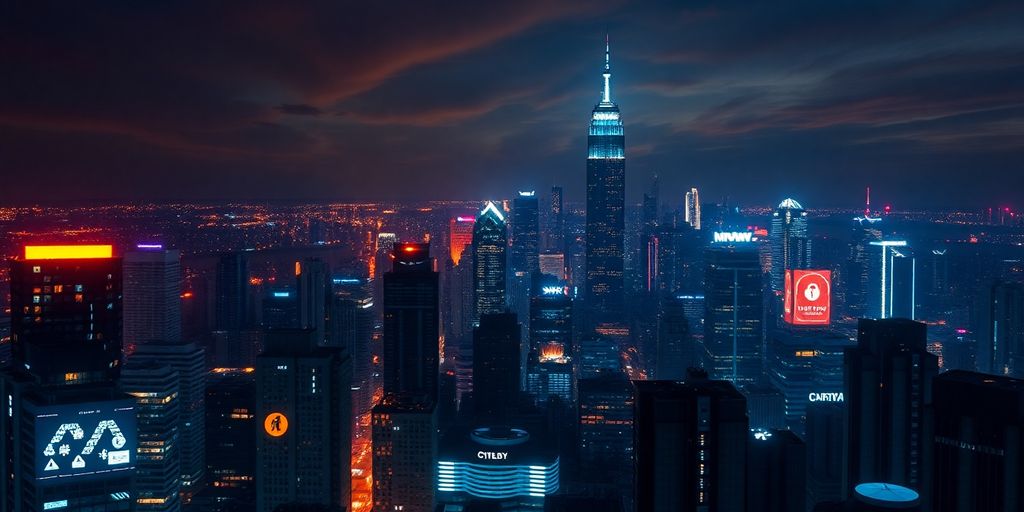 Futuristic city skyline with digital cyber motifs at night.