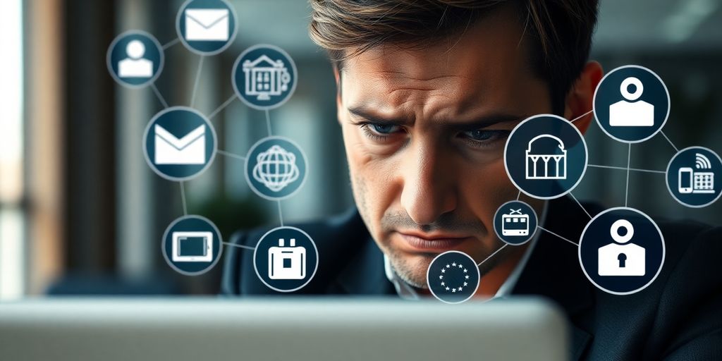 Worried executive with laptop in a blurred office.