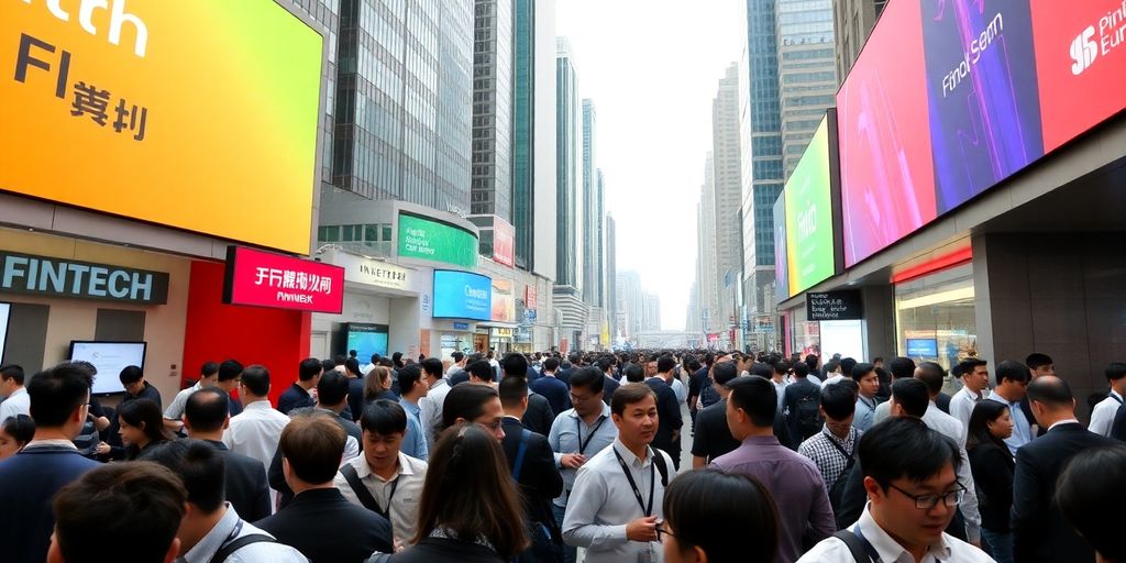 Crowd at Hong Kong FinTech Week discussing AI and fintech.