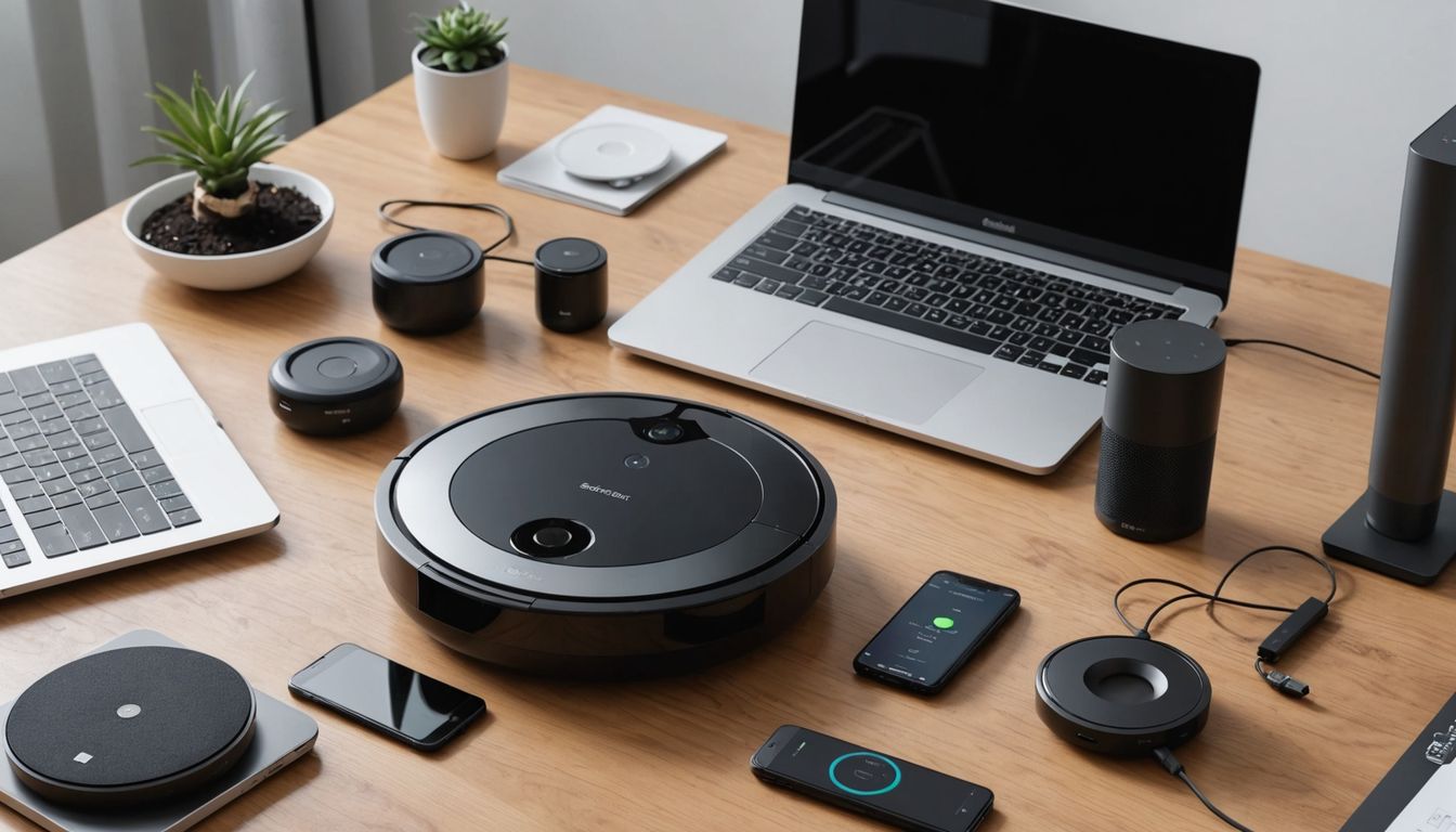 Modern workspace with AI gadgets and laptop
