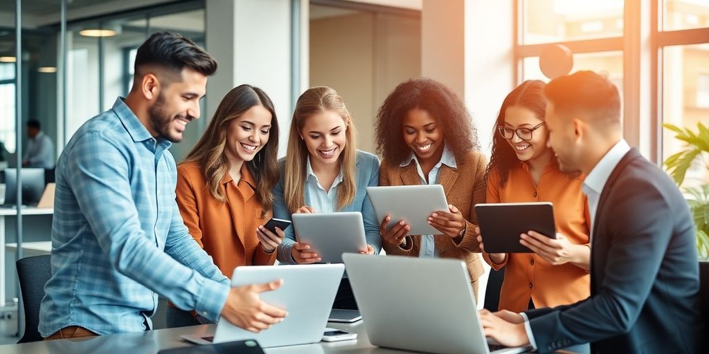 Diverse professionals collaborating in a modern office setting.