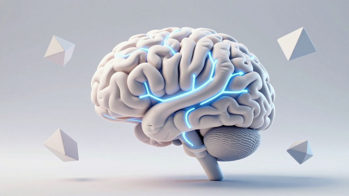 3D AI brain illustration with glowing neural pathways.