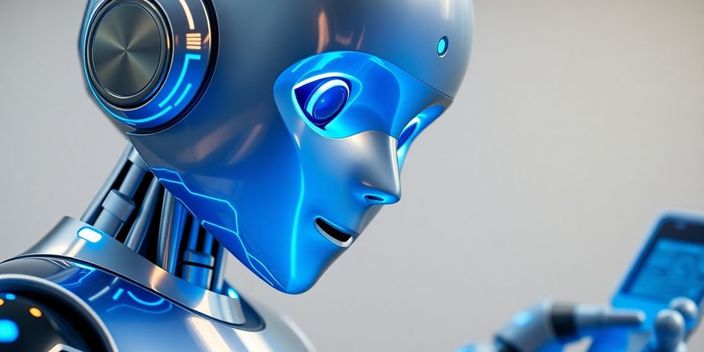 Modern AI robot engaging with a digital. Modern AI robot engaging with a digital interface.
