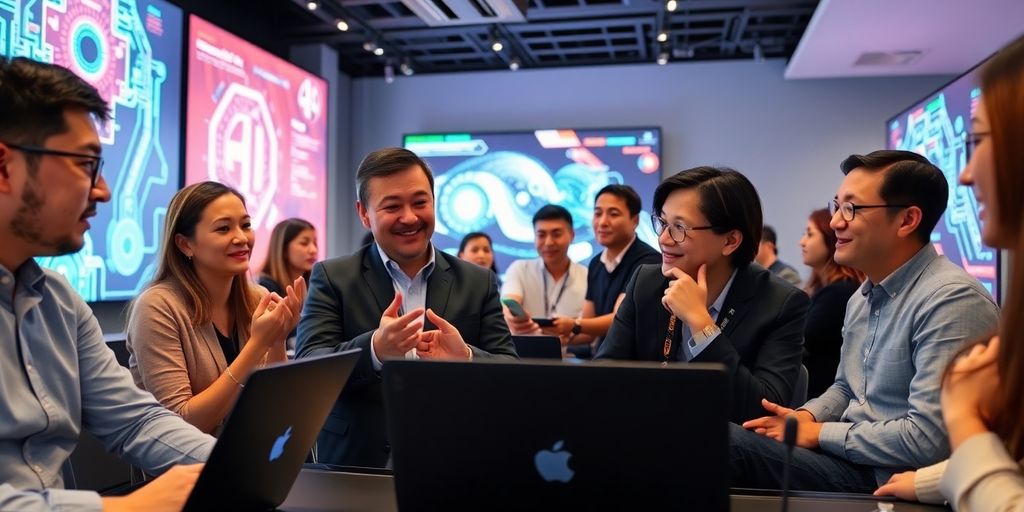 Tech professionals discussing AI advancements. Tech professionals discussing AI advancements in a modern setting.