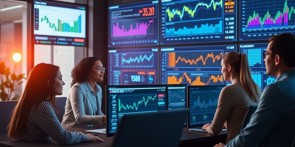 Team analyzing financial data with AI technology.