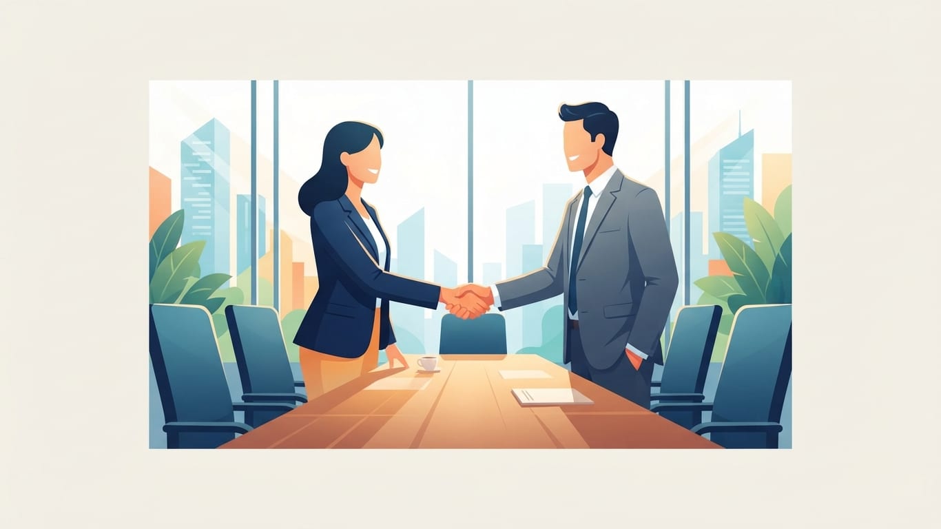 Business development professionals shaking hands on a partnership