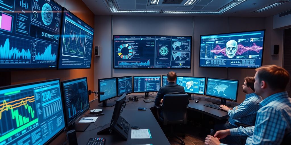 Experts in control room analyzing cybersecurity data.