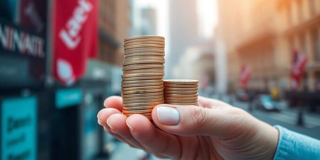 Holding coins in Cityscape. Hand holding coins with a cityscape background.