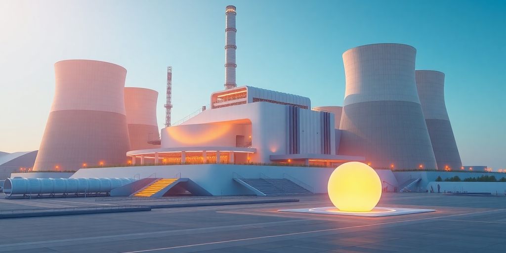 Futuristic nuclear power plant with AI technology integration.