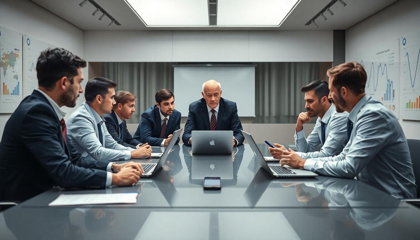 Executives in meting. Executives in a tense boardroom discussion over Perplexity.