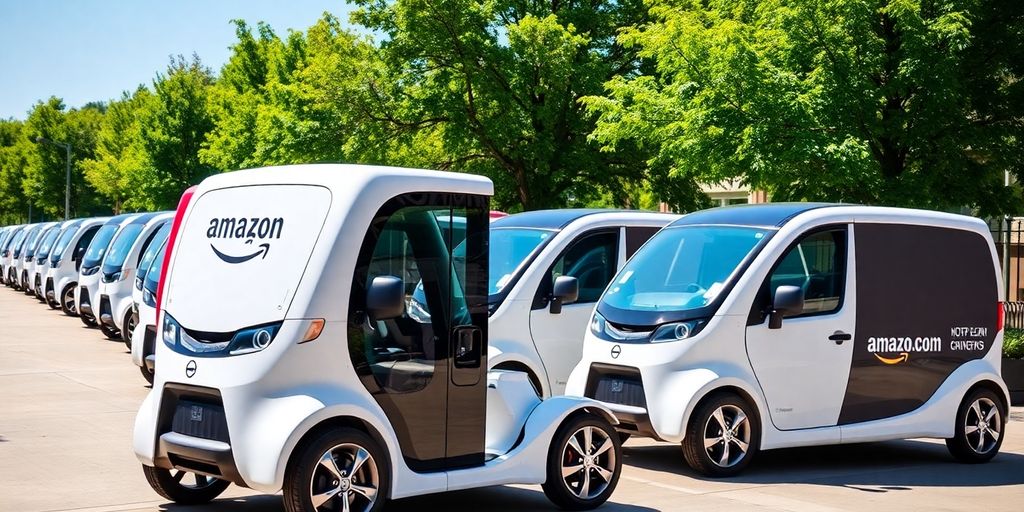 Amazon electric delivery vehicles in an urban environment.