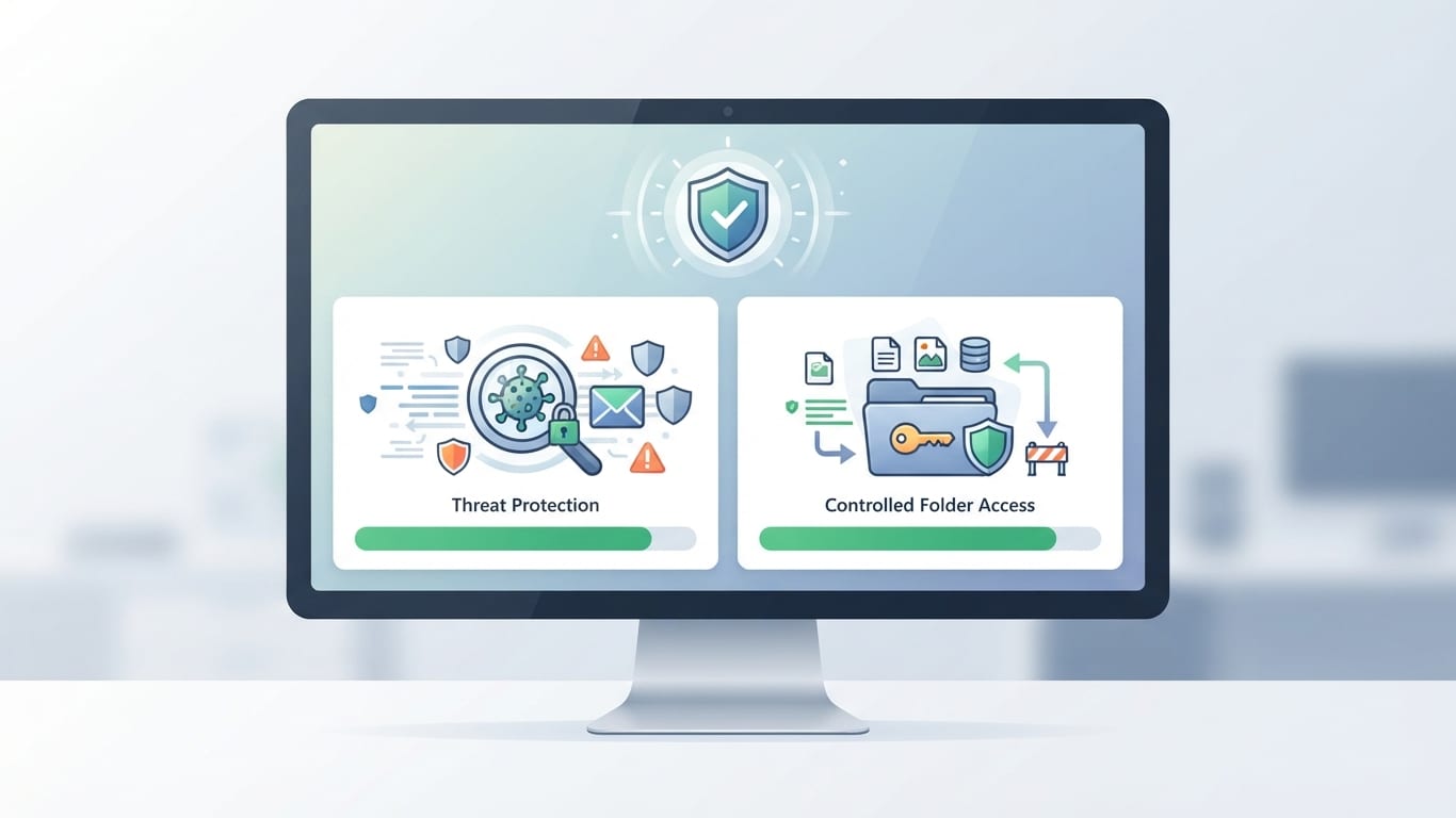 Computer monitor displaying security settings and threat protection