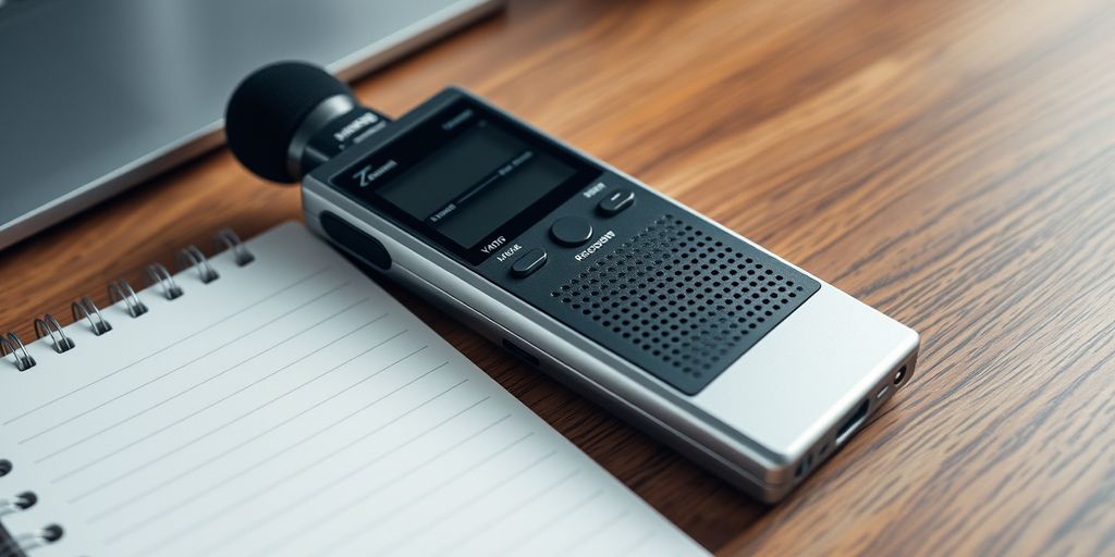 Modern audio recorder with notepad and pen.