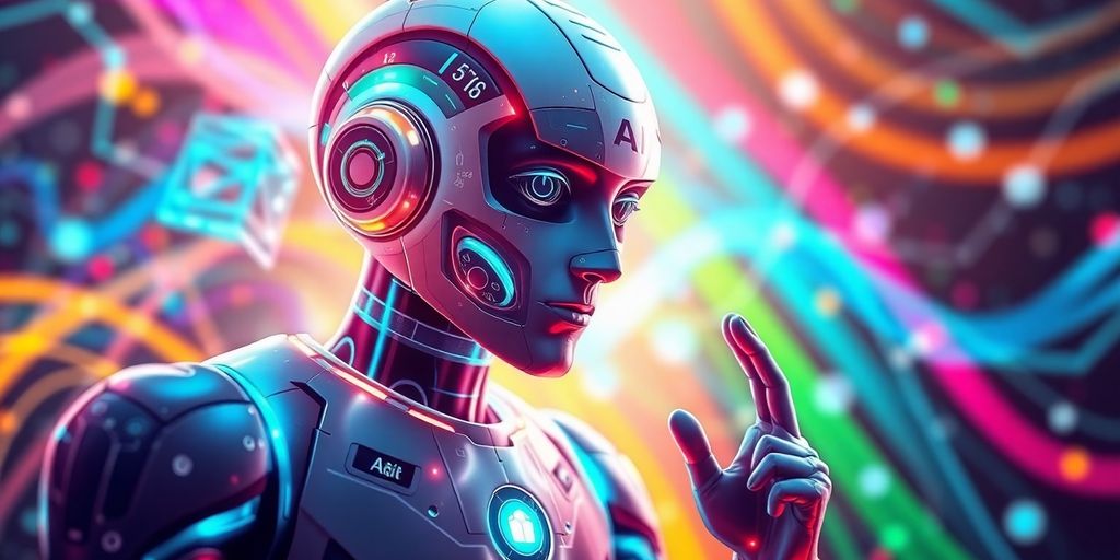 Futuristic AI assistant. Futuristic AI assistant in a vibrant, dynamic setting.