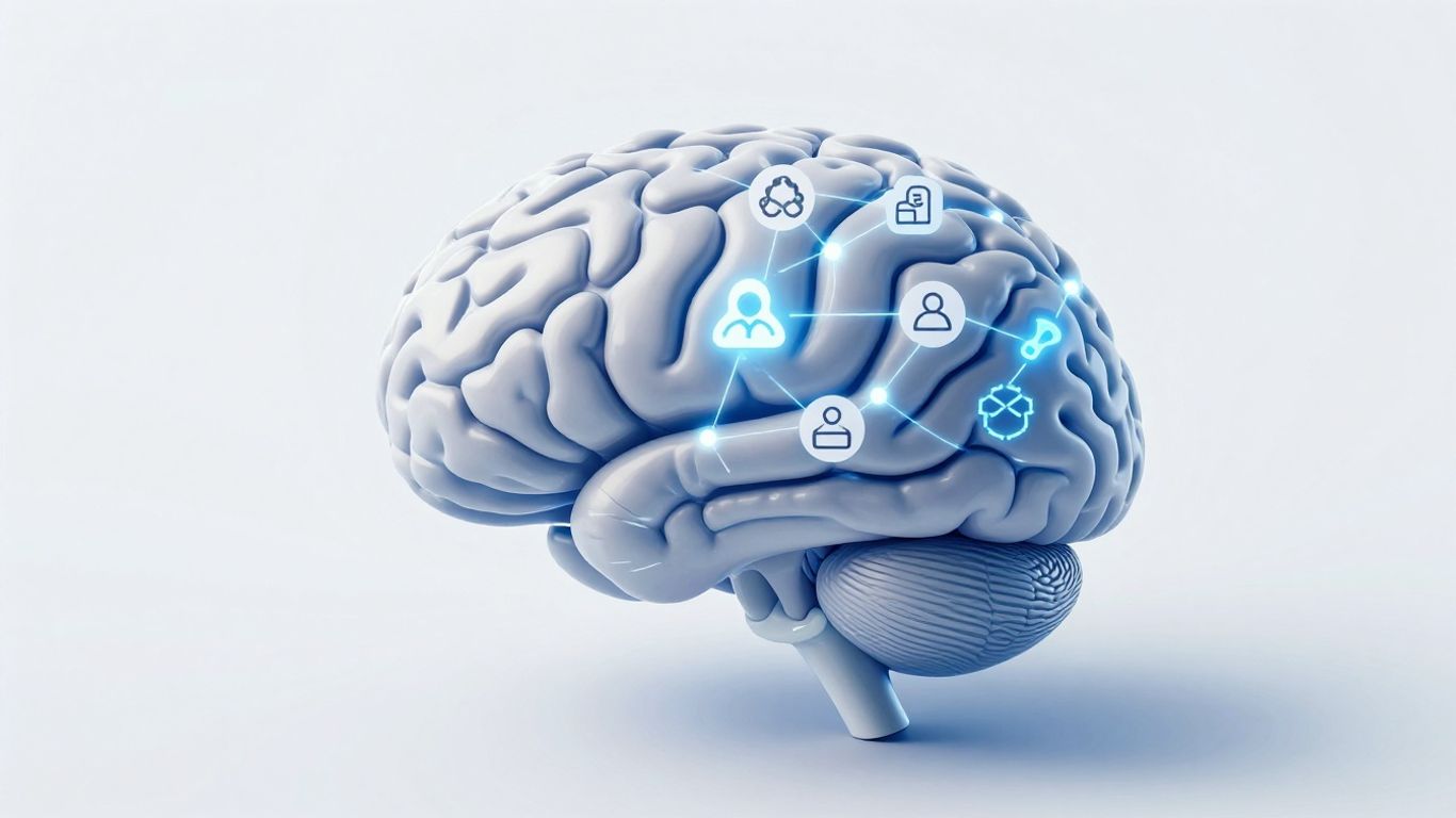 AI and medical icons integrated in a modern tech illustration.
