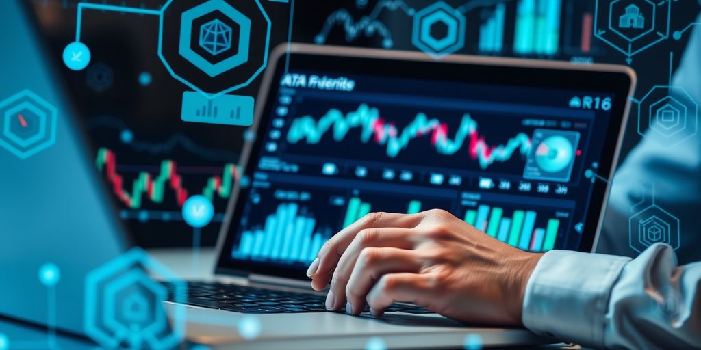 Financial analyst reviewing data charts with AI elements.
