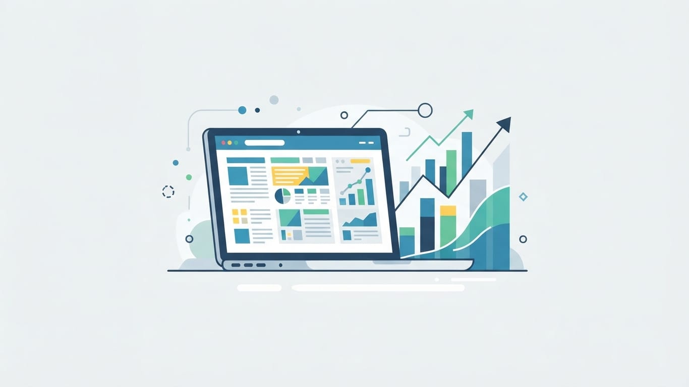 Analytics charts and laptop showing content optimization