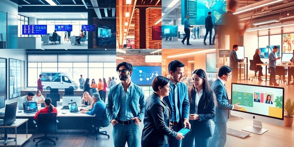 Collage of innovative technology companies and modern office spaces.