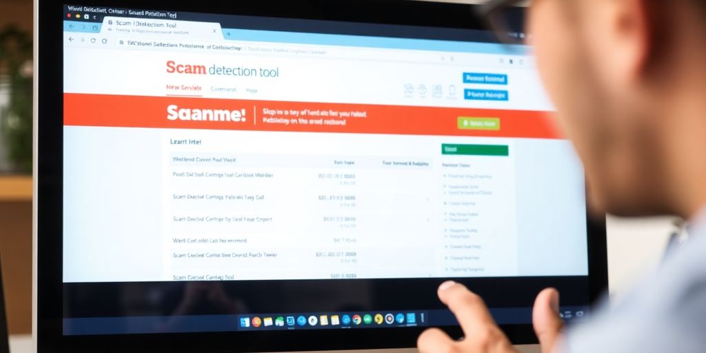 Person analyzing scam detection tool on a computer screen.