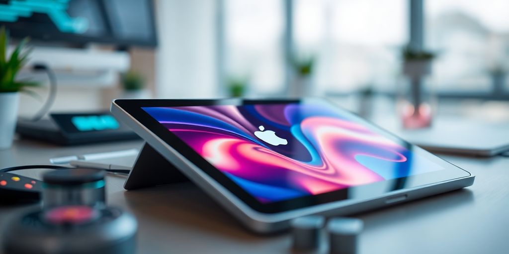 Close-up of an Apple device with a vibrant interface.
