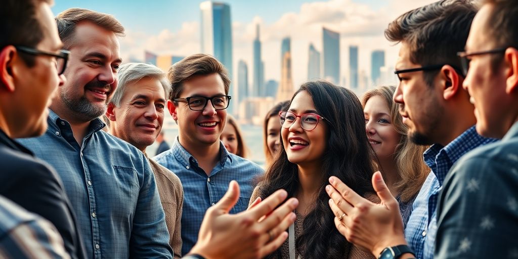 Diverse people discussing in front of a futuristic skyline.