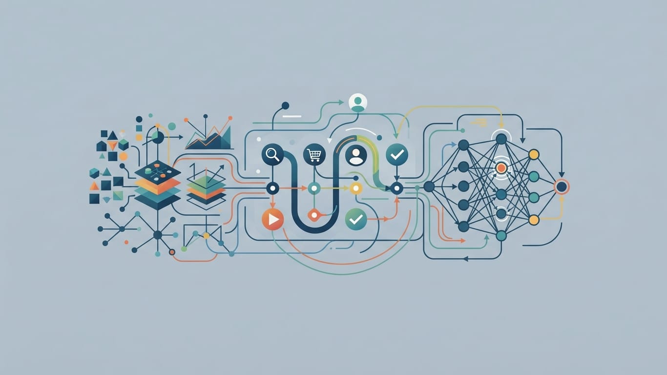 Data analytics and user journey mapping graphics connected by digital nodes