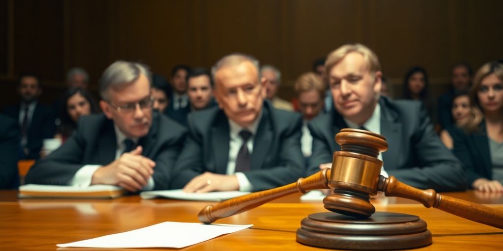 Courtroom scene with lawyers discussing a plagiarism lawsuit.