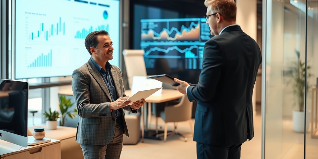 Financial advisor consulting clients with technology in office.