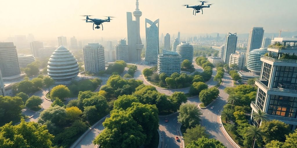 Futuristic city with AI and decentralized elements.