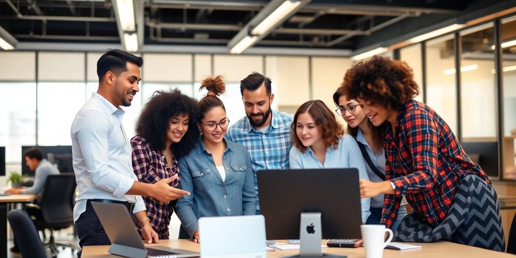 Diverse professionals collaborating in a modern office environment.