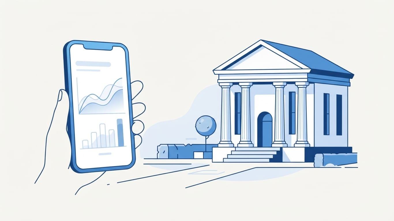 Smartphone and bank building representing fintech versus digital banking