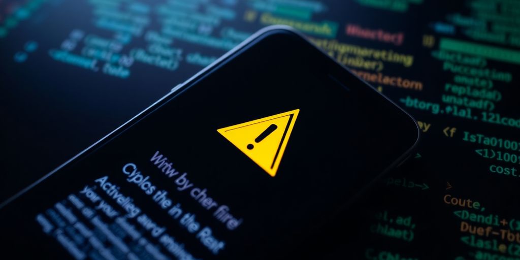 Smartphone with warning symbol and digital code background.